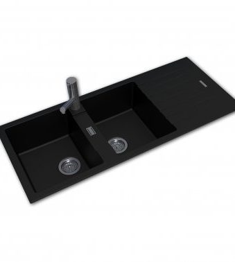 Black Granite Quartz Stone Kitchen Sink Double Bowls Drainboard Top/Undermount 1160*500*200mm_5da8d1cecd23e.jpeg