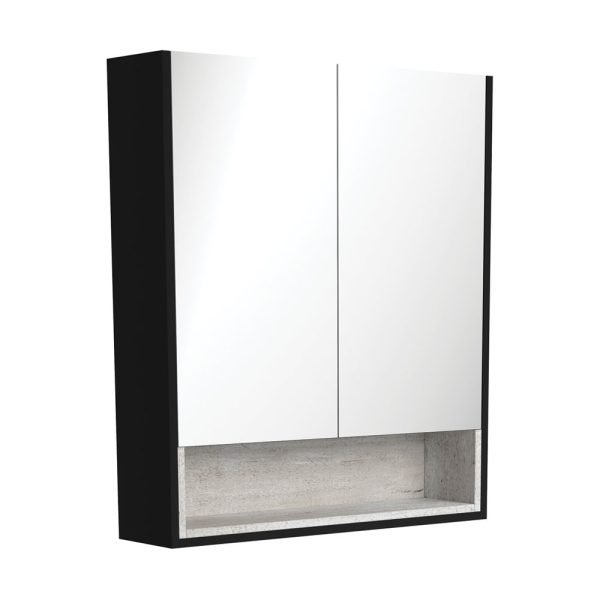 FIENZA PSC750SBX MIRROR CABINET 750 WITH DISPLAY SHELF SATIN BLACK WITH INDUSTRIAL INSERT