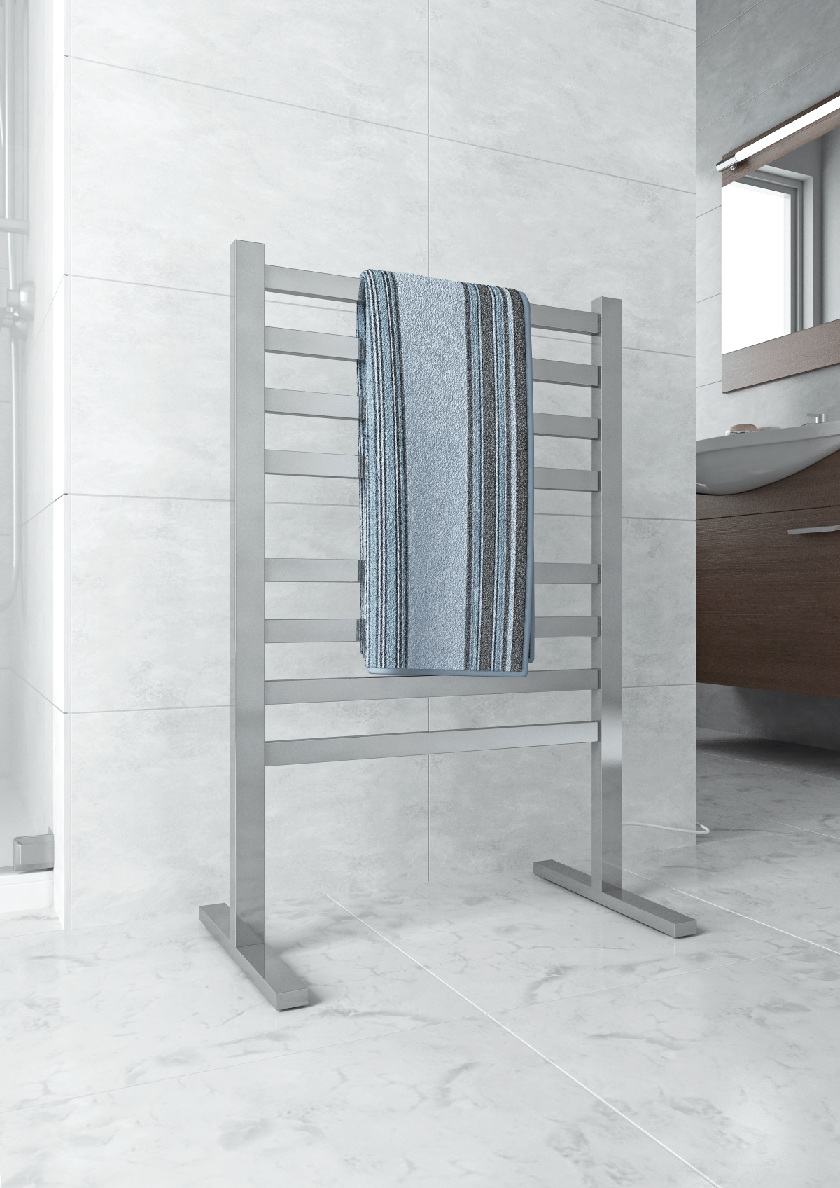 THERMOGROUP FS55E STRAIGHT FLAT FREE-STANDING HEATED TOWEL RAIL POLISHED STAINLESS STEEL