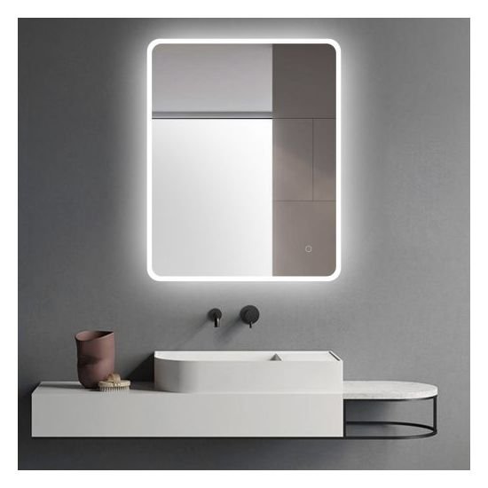 AQUAPERLA LM-LDE-A6075 CURVED RIM RECTANGLE LED MIRROR 600x750MM 3 COLOR LIGHTING TOUCH SENSOR SWITCH ACRYLIC SIDE LIGHT WALL MOUNTED VERTICAL OR HORIZONTAL