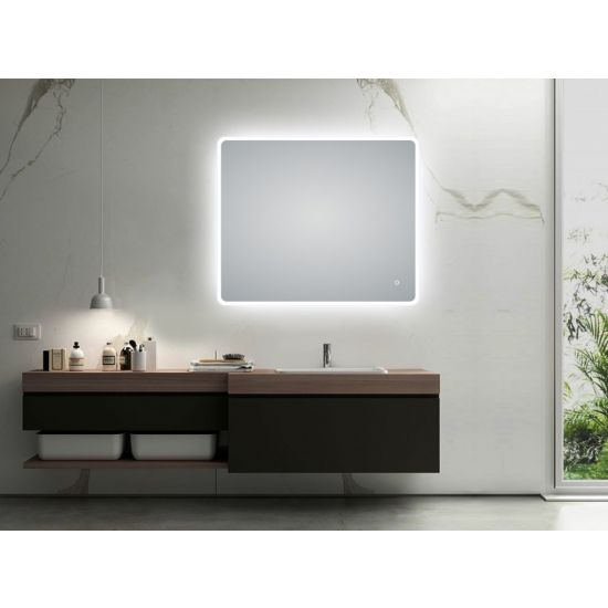 AQUAPERLA LM-LDE9075 CURVED RIM RECTANGLE LED MIRROR 900x750MM 3 COLOR LIGHTING TOUCH SENSOR SWITCH DEFOGGER PAD WALL MOUNTED VERTICAL OR HORIZONTAL