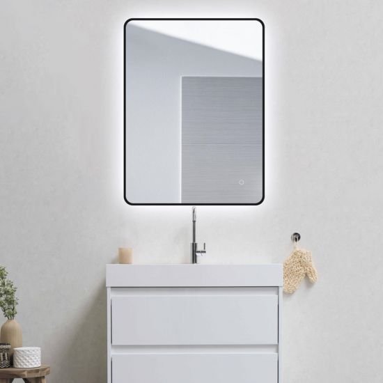 AQUAPERLA LM-BK-LDE81 810x610MM RECTANGLE ALUMINUM FRAMED CURVED RIM LED MIRROR 3 COLOR LIGHTING TOUCH SENSOR SWITCH WALL MOUNTED VERTICAL OR HORIZONTAL BLACK