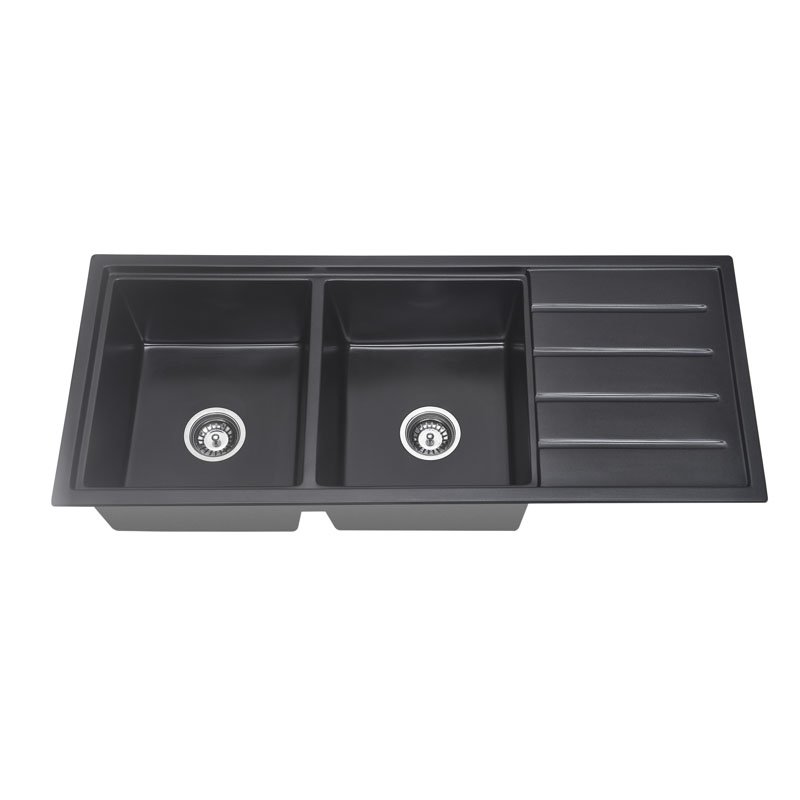 BADUNDKUCHE BKGS11649D ARCKO GRANITE UNDER/OVERMOUNT DOUBLE BOWL WITH DRAINER GRANITE SINK MATTE BLACK