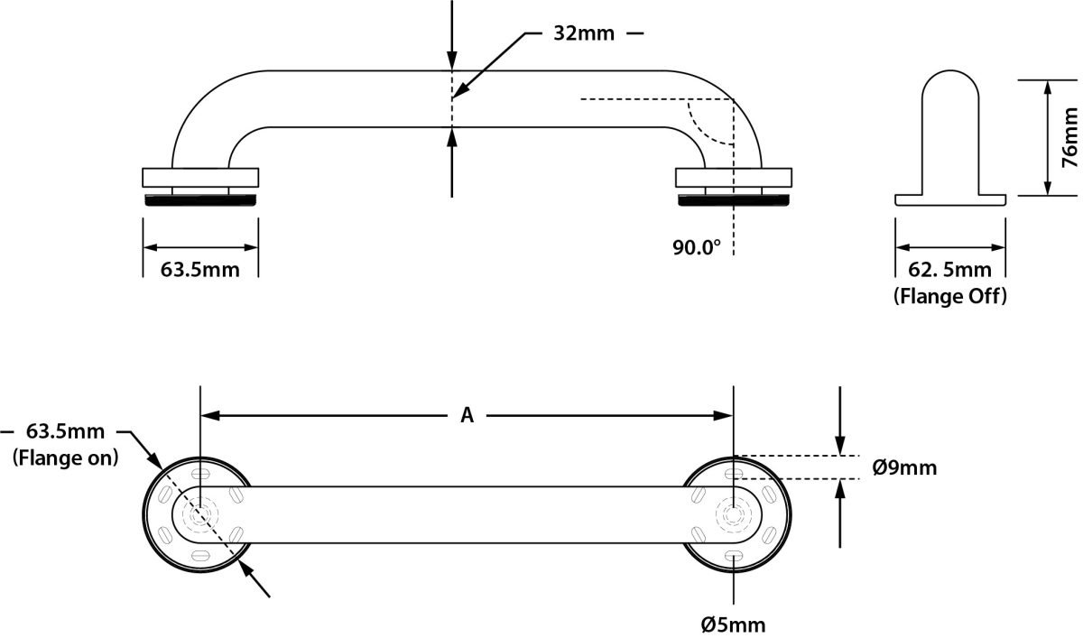 STRAIGHT GRAB RAIL, CONCEALED FIX - 300MM - 1200MM C TO C, 32MMØ POLISHED STAINLESS STEEL METLAM ML_GR POLISHED