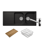 ABEY FD200BT2 FARMHOUSE DOUBLE BOWL GRANITE SINK SCHOCK WITH PULL OUT KITCHEN MIXER ONYX