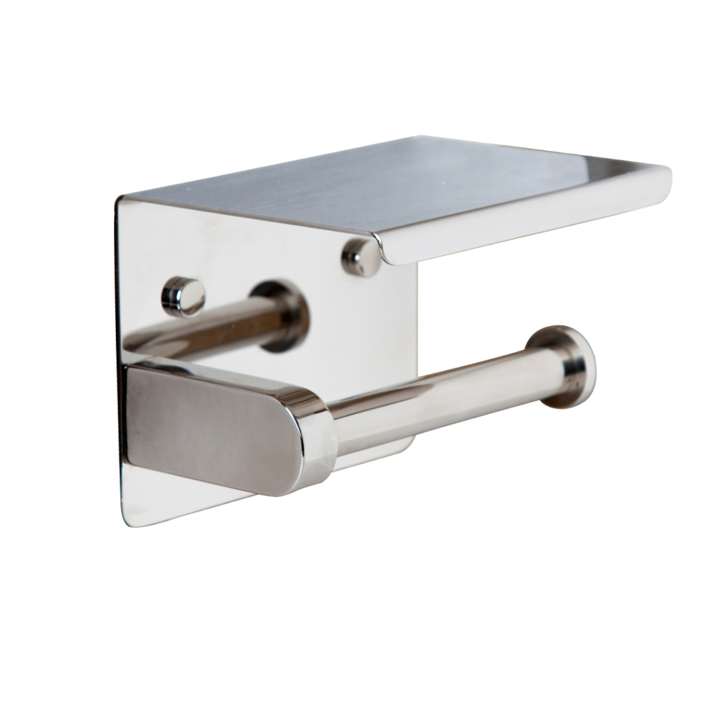SINGLE TOILET ROLL HOLDER WITH SHELF TOP POLISHED STAINLESS STEEL METLAM ML268_TRH_PSS