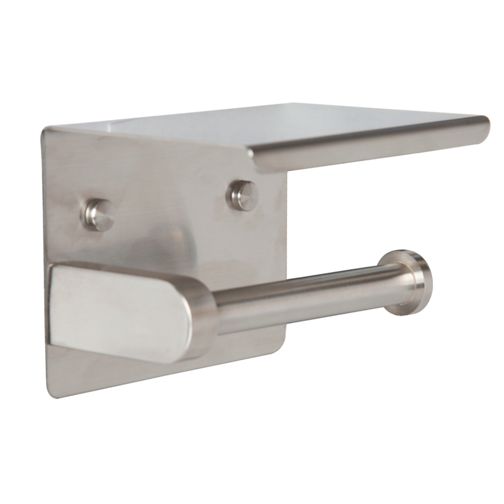 SINGLE TOILET ROLL HOLDER WITH SHELF TOP SATIN STAINLESS STEEL METLAM ML268_TRH_SS