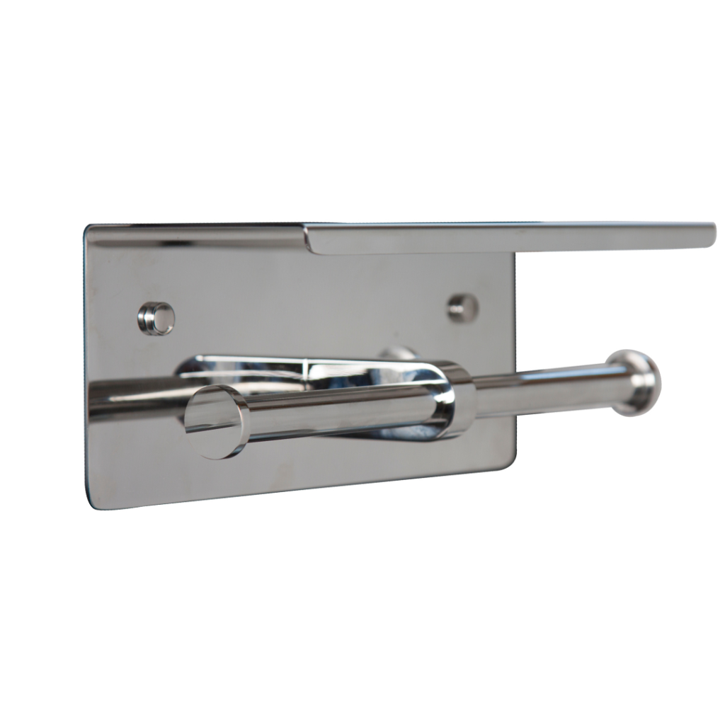 DOUBLE TOILET ROLL HOLDER WITH SHELF TOP POLISHED STAINLESS STEEL METLAM ML269_TRH_PSS