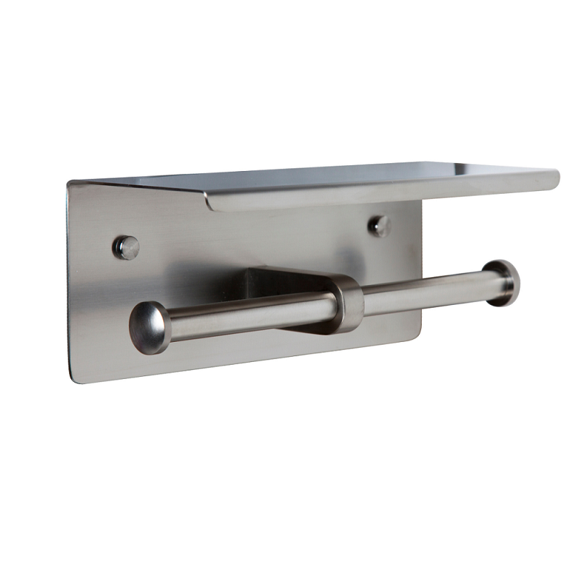 DOUBLE TOILET ROLL HOLDER WITH SHELF TOP SATIN STAINLESS STEEL METLAM ML269_TRH_SS