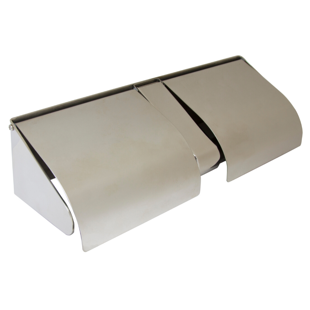 DOUBLE LOCKABLE TOILET ROLL HOLDER WITH HOOD POLISHED STAINLESS STEEL METLAM ML271_TRH_PSS