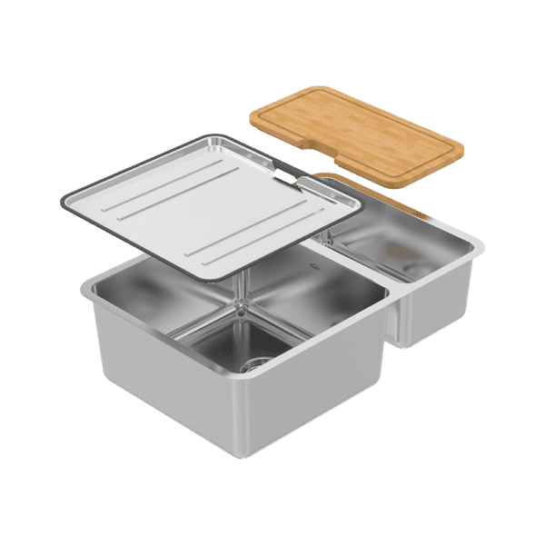 ABEY NL180 LAGO ONE AND ONE THIRD BOWL STAINLESS STEEL SINK WITH DRAIN TRAY AND CHOPPING BOARD CHROME