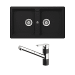 ABEY TN200T2B TYPOS DOUBLE BOWL GRANITE SINK & 400710B PULL OUT KITCHEN MIXER SCHOCK ONYX