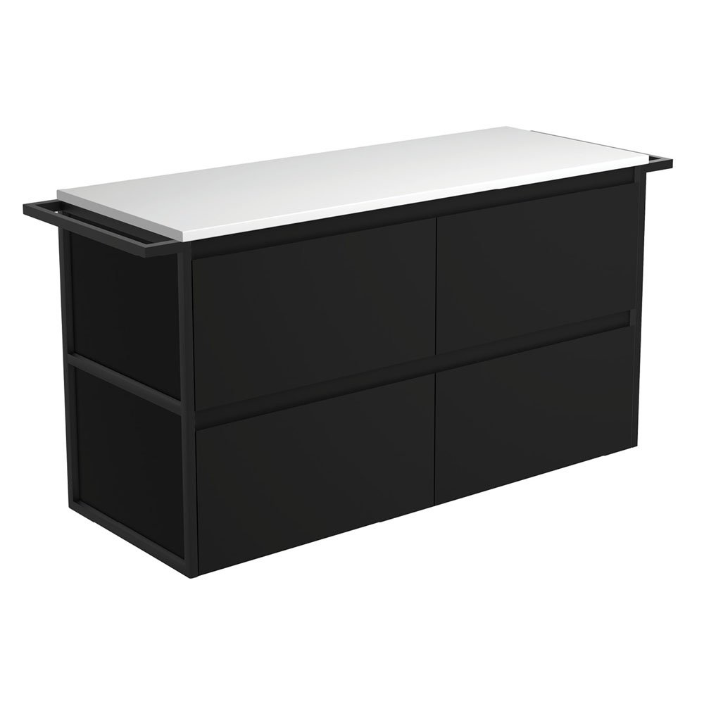 FIENZA 120BBT AMATO WALL HUNG VANITY 1200 SATIN BLACK WITH MATTE BLACK TOWEL RAILS