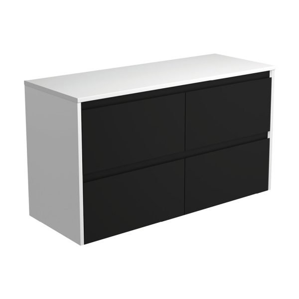 FIENZA 120BBW AMATO WALL HUNG VANITY 1200 SATIN BLACK WITH SATIN WHITE PANELS