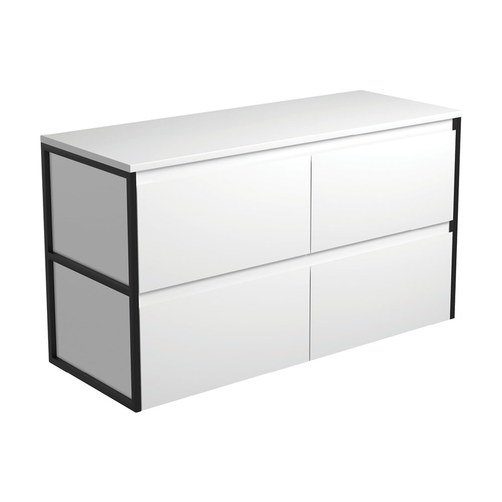 FIENZA 120BWF AMATO WALL HUNG VANITY 1200 SATIN WHITE WITH MATTE BLACK FRAME