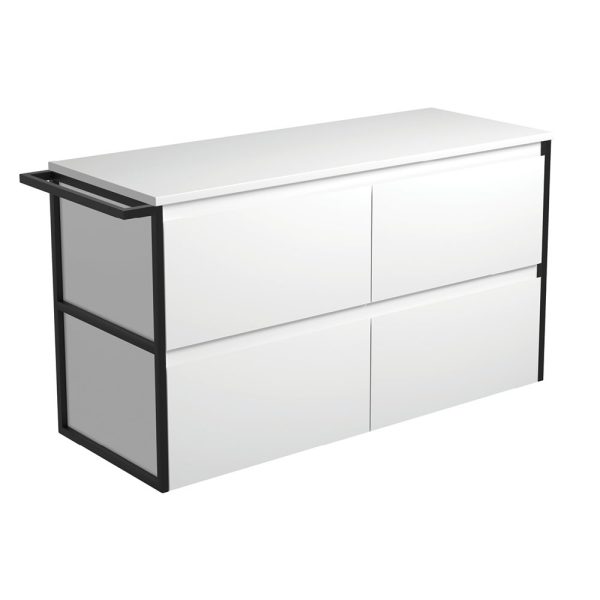 FIENZA 120BWFT AMATO WALL HUNG VANITY 1200 SATIN WHITE WITH MATTE BLACK FRAME AND TOWEL RAIL