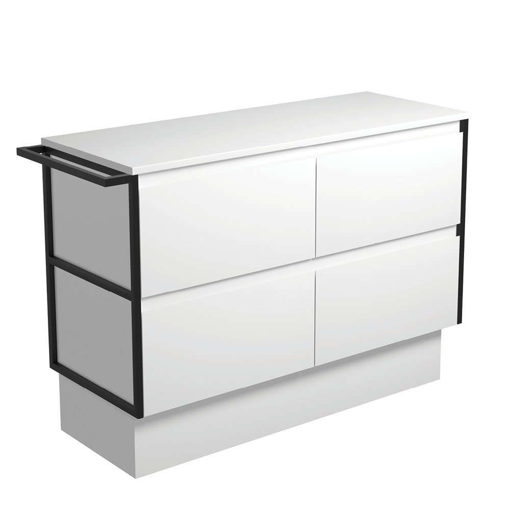 FIENZA 120BWFTK AMATO CABINET ON KICKBOARD 1200 SATIN WHITE WITH MATTE BLACK FRAME AND TOWEL RAIL