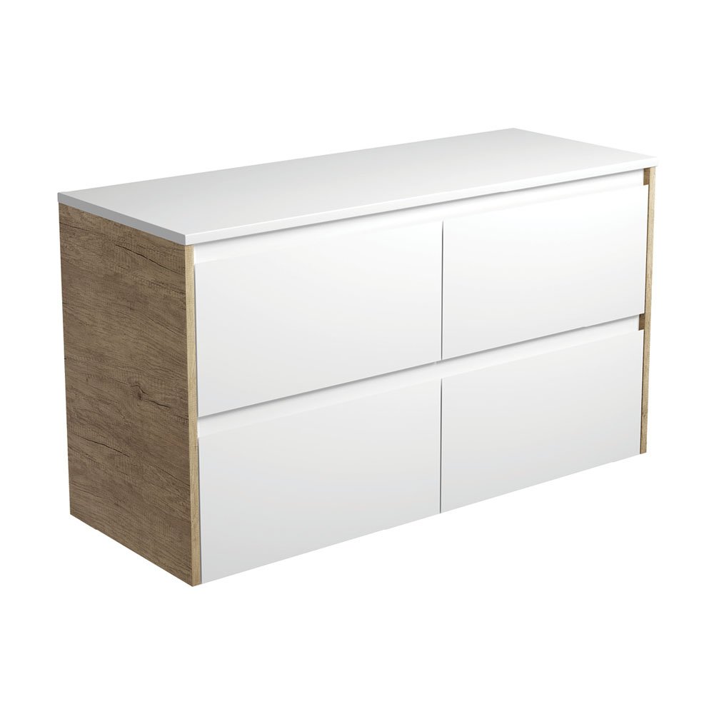 FIENZA 120BWS AMATO WALL HUNG VANITY 1200 SATIN WHITE WITH SCANDI OAK PANELS