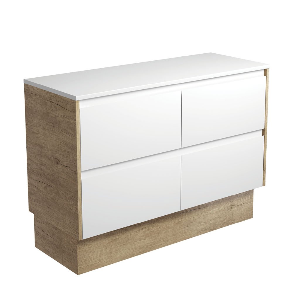 FIENZA 120BWSK AMATO CABINET ON KICKBOARD 1200 SATIN WHITE WITH SCANDI OAK PANELS