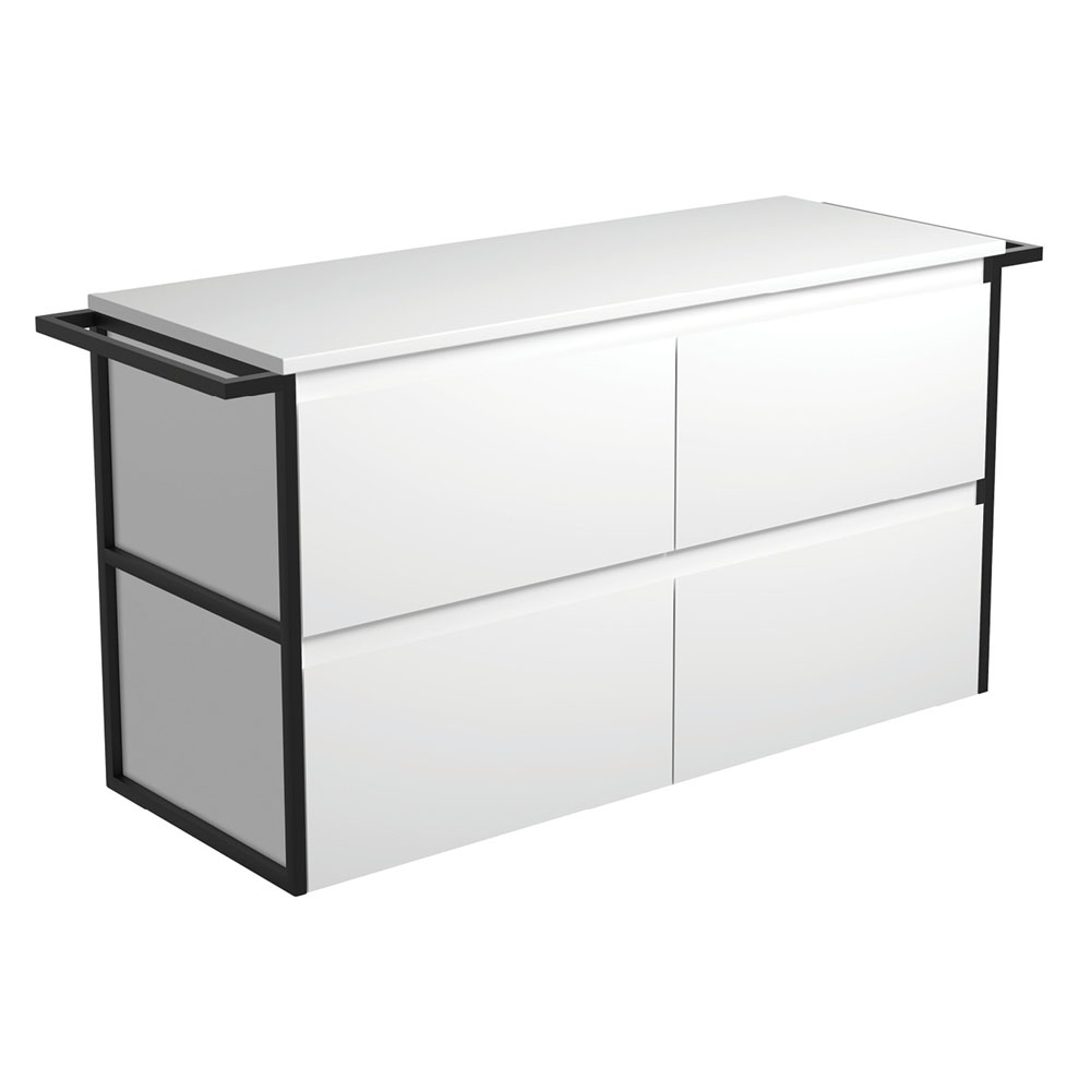 FIENZA 120BWT AMATO WALL HUNG VANITY 1200 SATIN WHITE WITH MATTE BLACK FRAME AND TOWEL RAILS