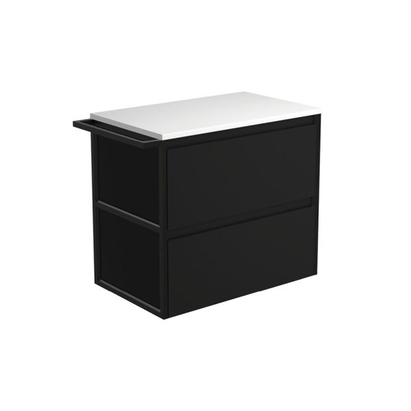FIENZA 75BBFT AMATO WALL HUNG VANITY 750 SATIN BLACK WITH MATTE BLACK FRAME AND TOWEL RAIL