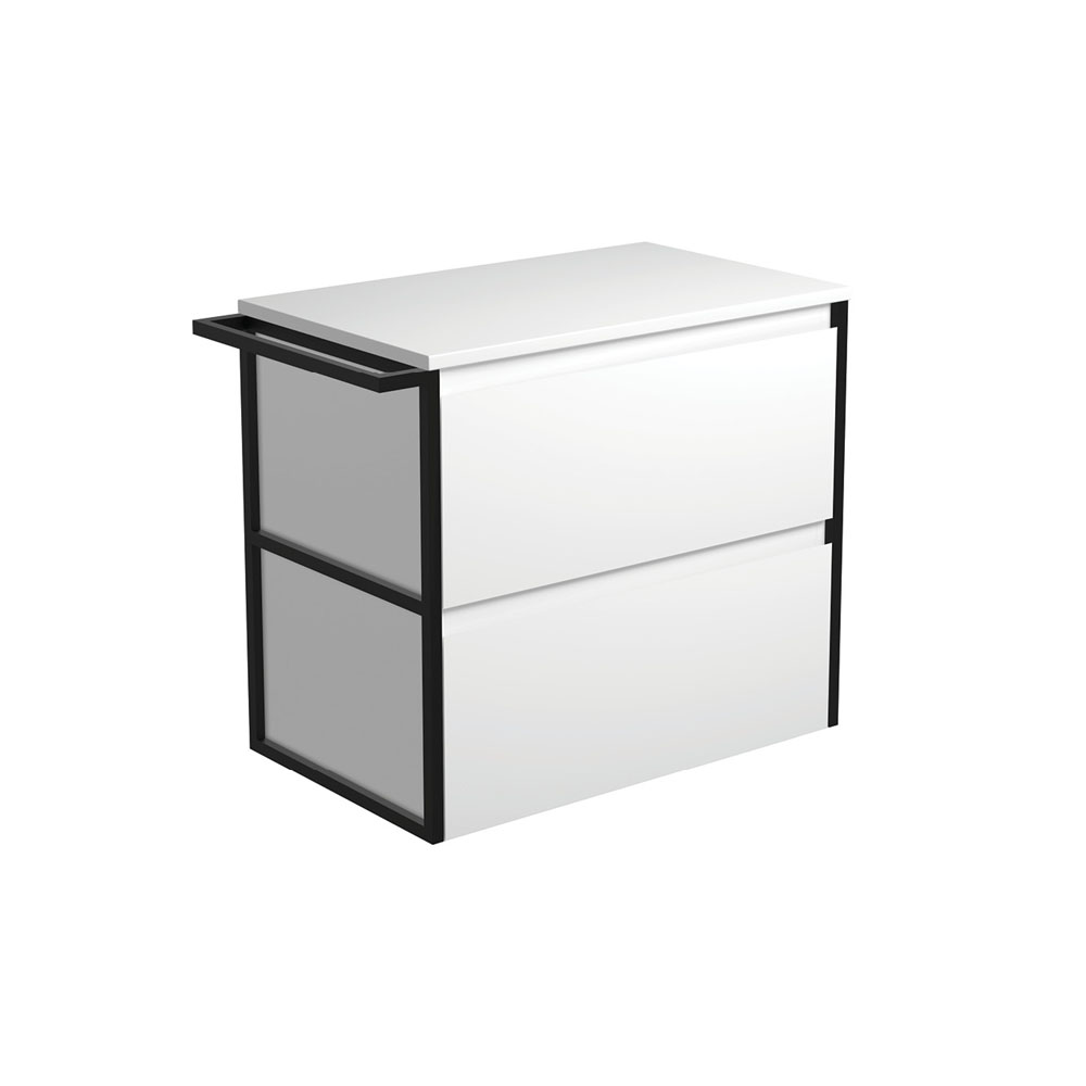 FIENZA 75BWFT AMATO WALL HUNG VANITY 750 SATIN WHITE WITH MATTE BLACK FRAME AND TOWEL RAIL