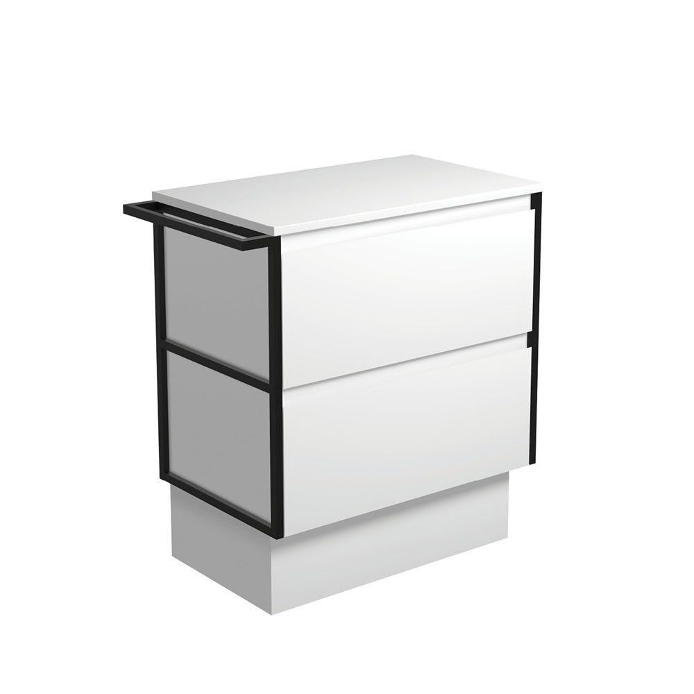 FIENZA 75BWFTK AMATO WALL HUNG VANITY 750 SATIN WHITE WITH MATTE BLACK FRAME AND TOWEL RAIL