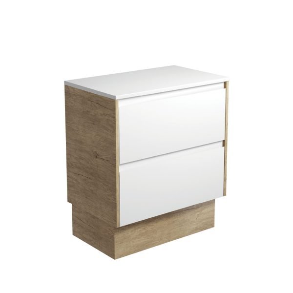 FIENZA 75BWSK AMATO CABINET ON KICKBOARD 750 SATIN WHITE WITH SCANDI OAK PANELS