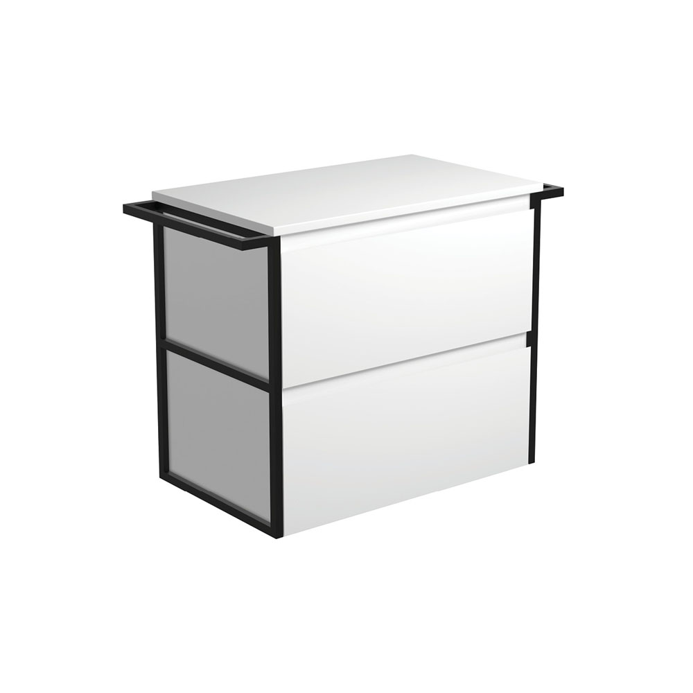 FIENZA 75BWT AMATO WALL HUNG VANITY 750 SATIN WHITE WITH MATTE BLACK FRAME AND TOWEL RAILS