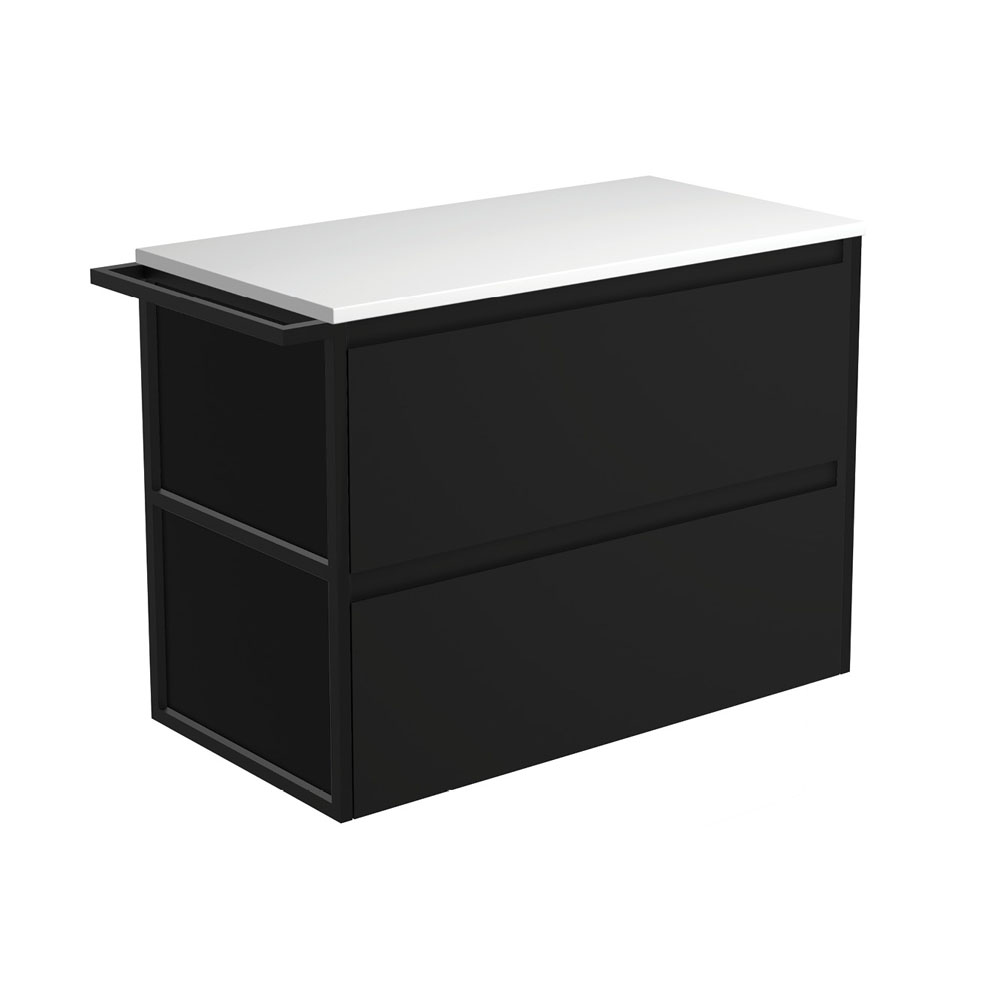 FIENZA 90BBFT AMATO WALL HUNG VANITY 900 SATIN BLACK WITH MATTE BLACK FRAME AND TOWEL RAIL