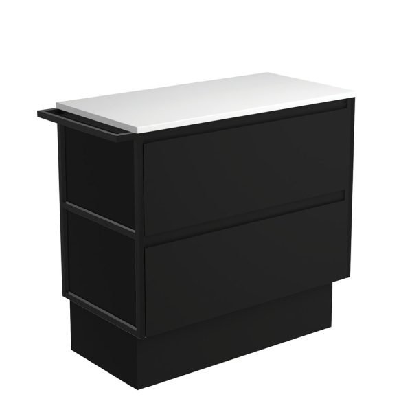 FIENZA 90BBFTK AMATO CABINET ON KICKBOARD 900 SATIN BLACK WITH MATTE BLACK FRAME AND TOWEL RAIL