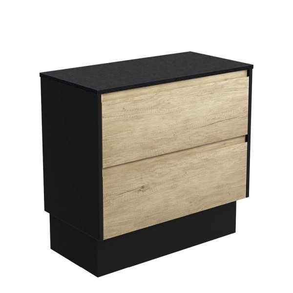 FIENZA 90BSBK AMATO CABINET ON KICKBOARD 900 SCANDI OAK WITH SATIN BLACK PANELS