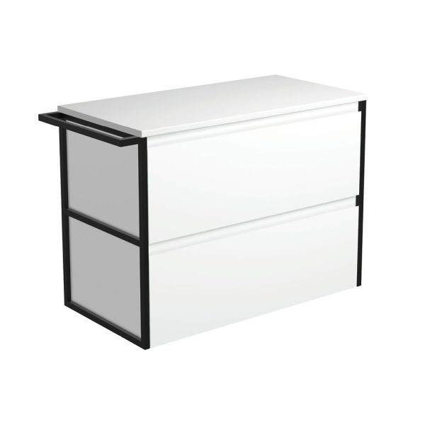 FIENZA 90BWFT AMATO WALL HUNG VANITY 900 SATIN WHITE WITH MATTE BLACK FRAME AND TOWEL RAIL