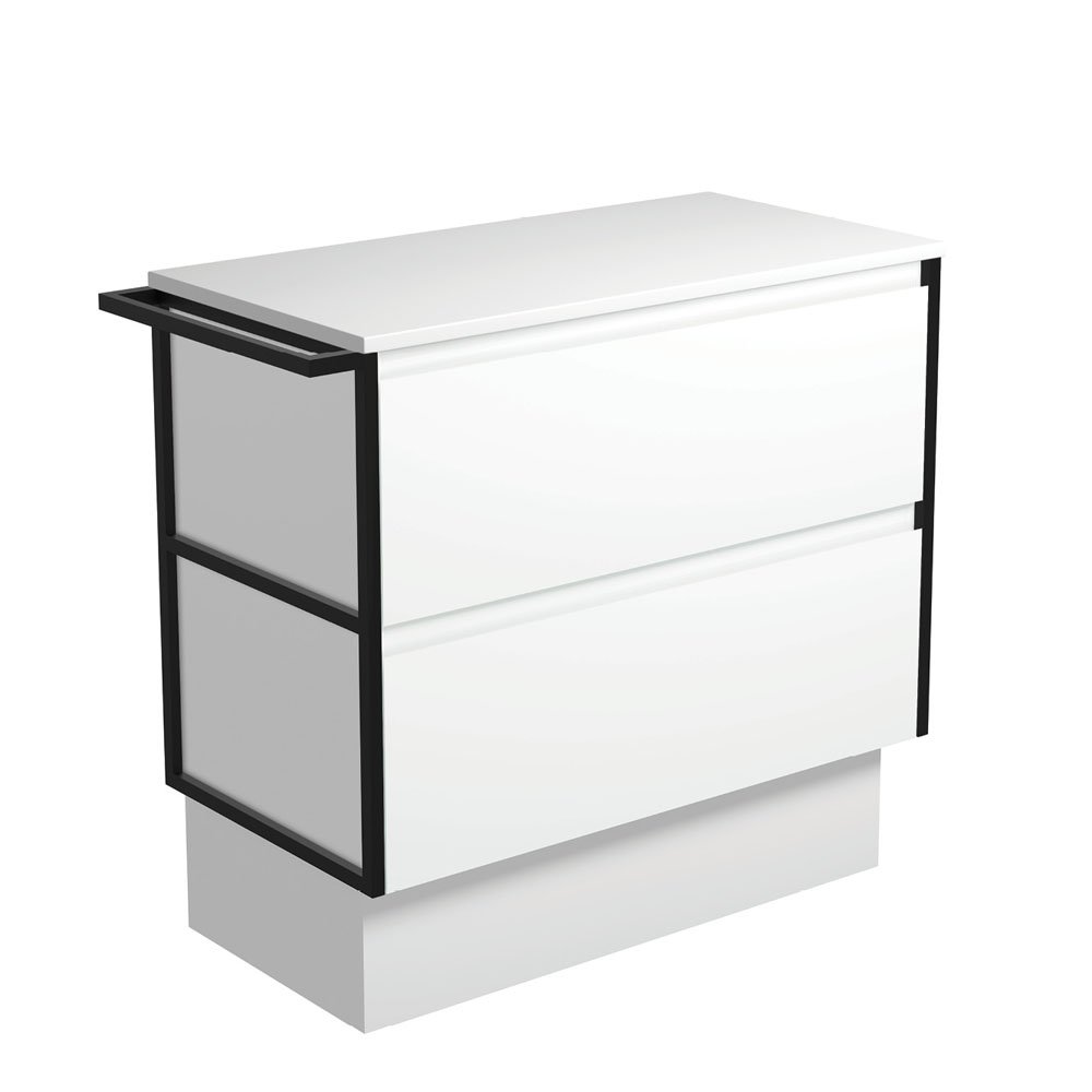 FIENZA 90BWFTK AMATO CABINET ON KICKBOARD 900 SATIN WHITE WITH MATTE BLACK FRAME AND TOWEL RAIL