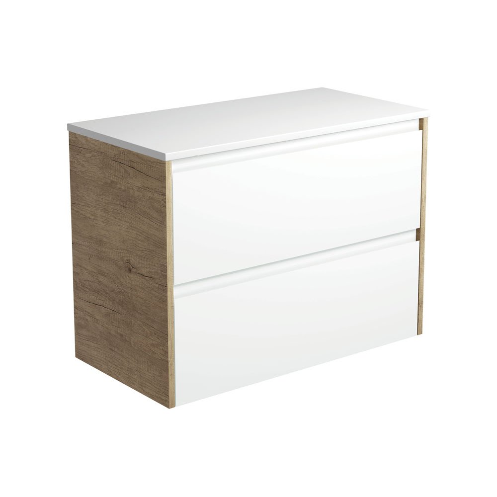 FIENZA 90BWS AMATO WALL HUNG VANITY 900 SATIN WHITE WITH SCANDI OAK PANELS