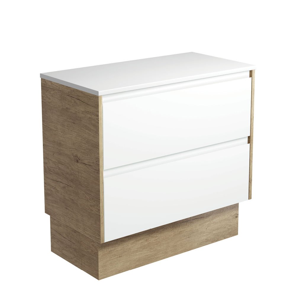 FIENZA 90BWSK AMATO CABINET ON KICKBOARD 900 SATIN WHITE WITH SCANDI OAK PANELS