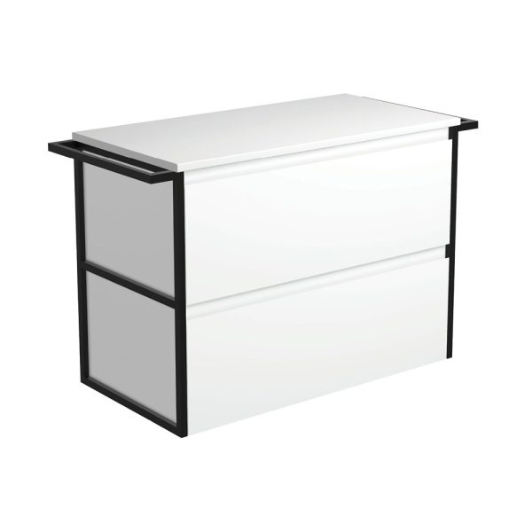 FIENZA 90BWT AMATO WALL HUNG VANITY 900 SATIN WHITE WITH MATTE BLACK FRAME AND TOWEL RAILS