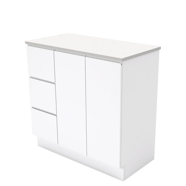 FIENZA 90C FINGERPULL CABINET ON KICKBOARD 900 LEFT/RIGHT HAND DRAWERS GLOSS WHITE