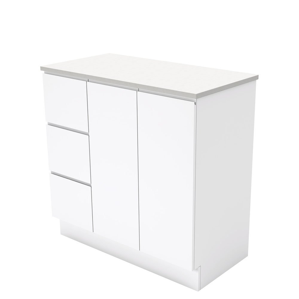 FIENZA 90C FINGERPULL CABINET ON KICKBOARD 900 LEFT/RIGHT HAND DRAWERS GLOSS WHITE