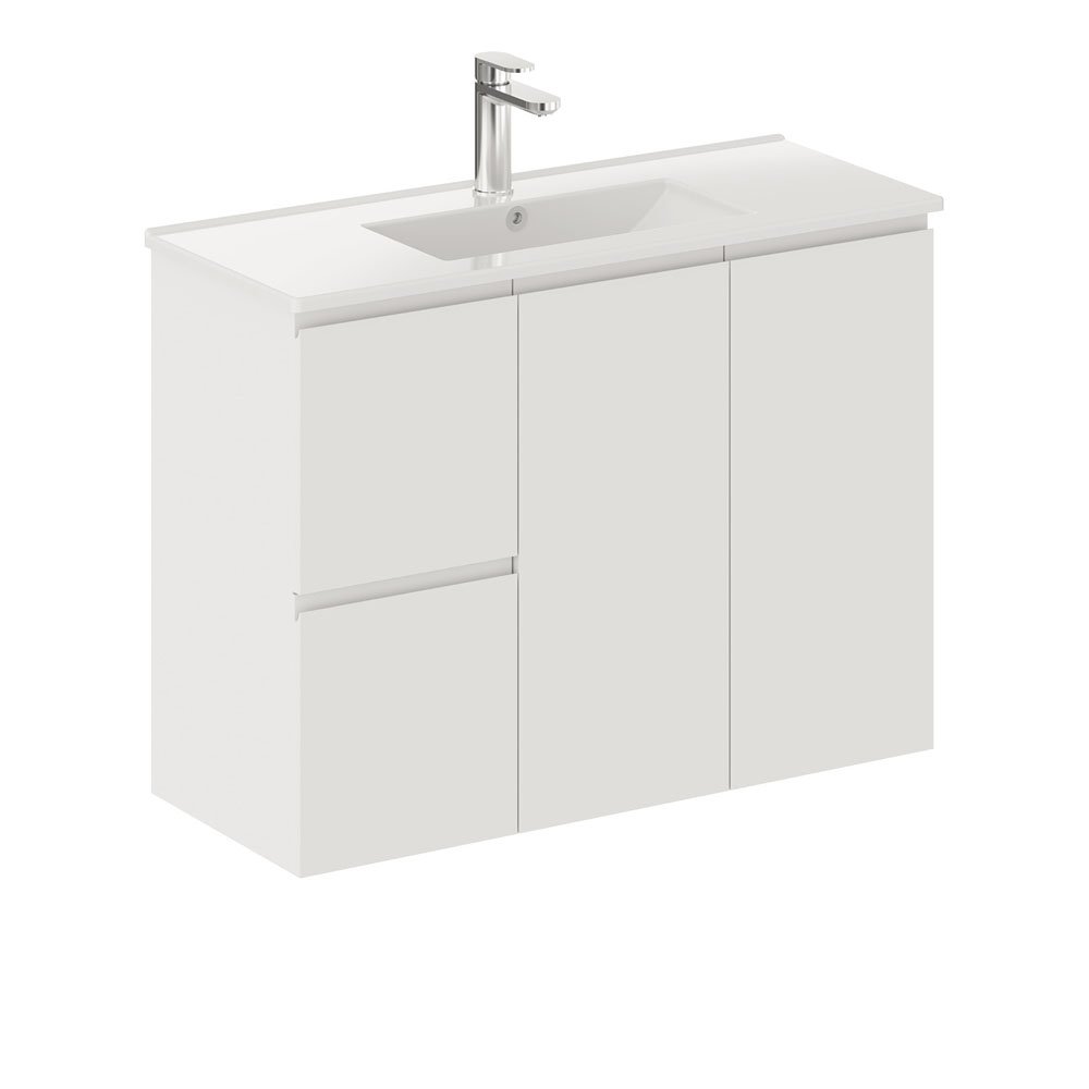 FIENZA 90DF SISKA SLIM WALL HUNG VANITY 900 LEFT/RIGHT HAND DRAWERS SATIN WHITE