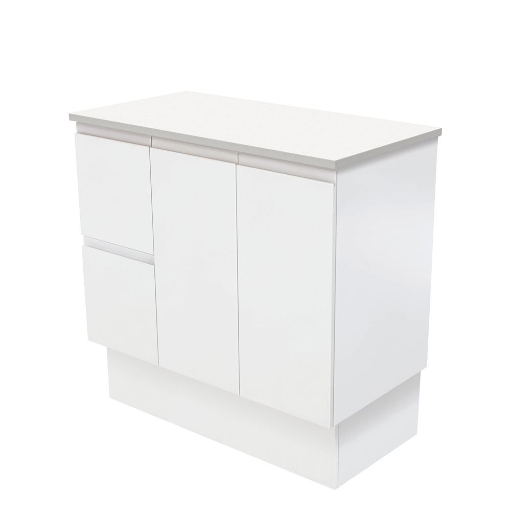 FIENZA 90ZK FINGERPULL CABINET ON KICKBOARD 900 LEFT/RIGHT HAND DRAWERS SATIN WHITE