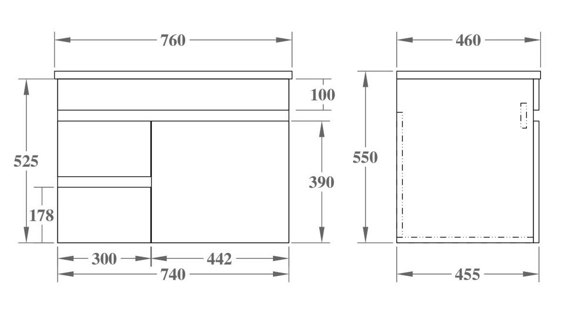 POSEIDON EV74LWH-OAK EVIE PVC WALL HUNG VANITY LEFT SIDE DRAWERS 750*555*460MM CABINET ONLY OAK