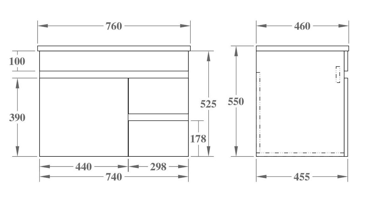 POSEIDON EV74RWH-OAK EVIE PVC WALL HUNG VANITY RIGHT SIDE DRAWERS 750*555*460MM CABINET ONLY OAK