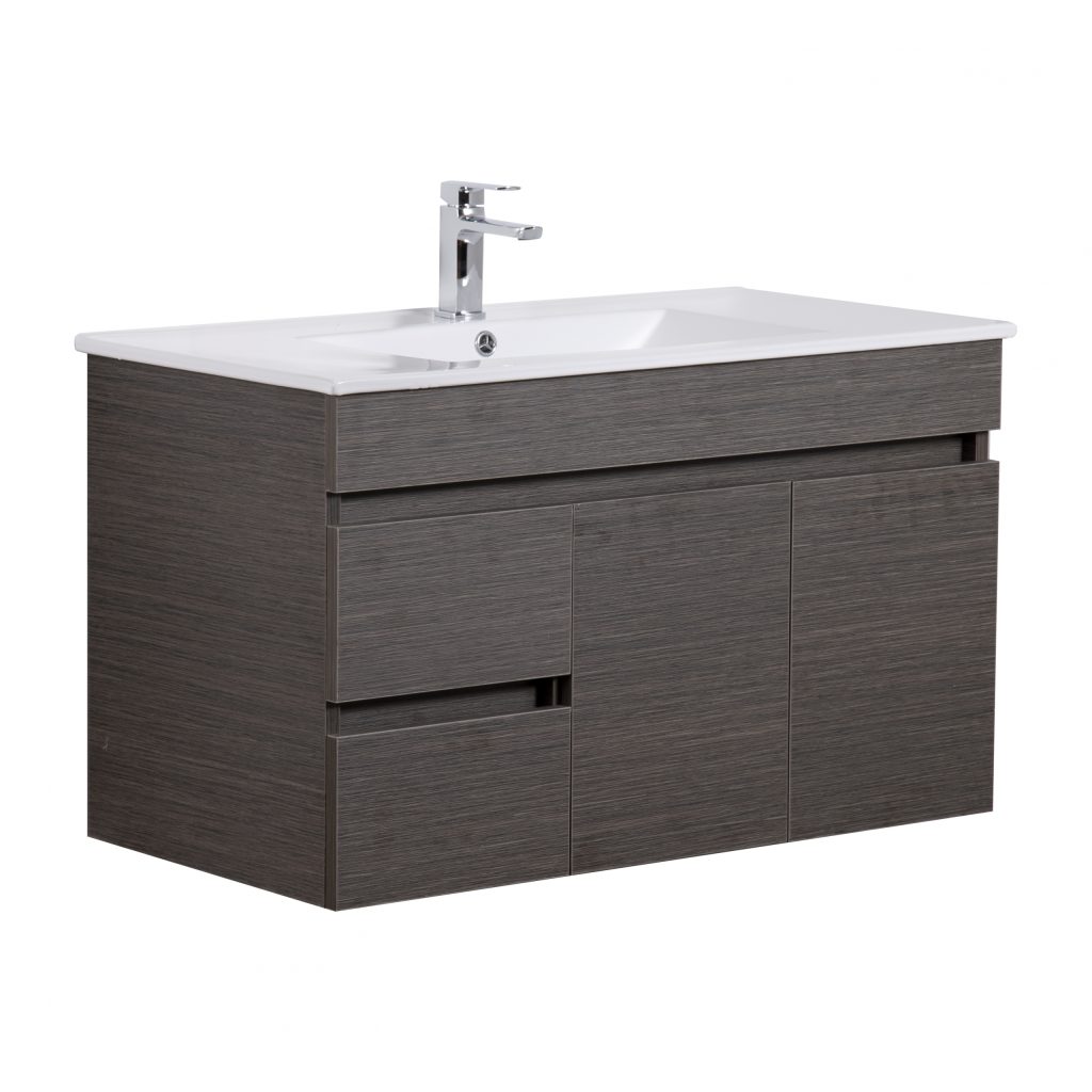 POSEIDON EV94LWH-DB EVIE PVC WALL HUNG VANITY LEFT SIDE DRAWERS 900*555*460MM CABINET ONLY DARK BROWN