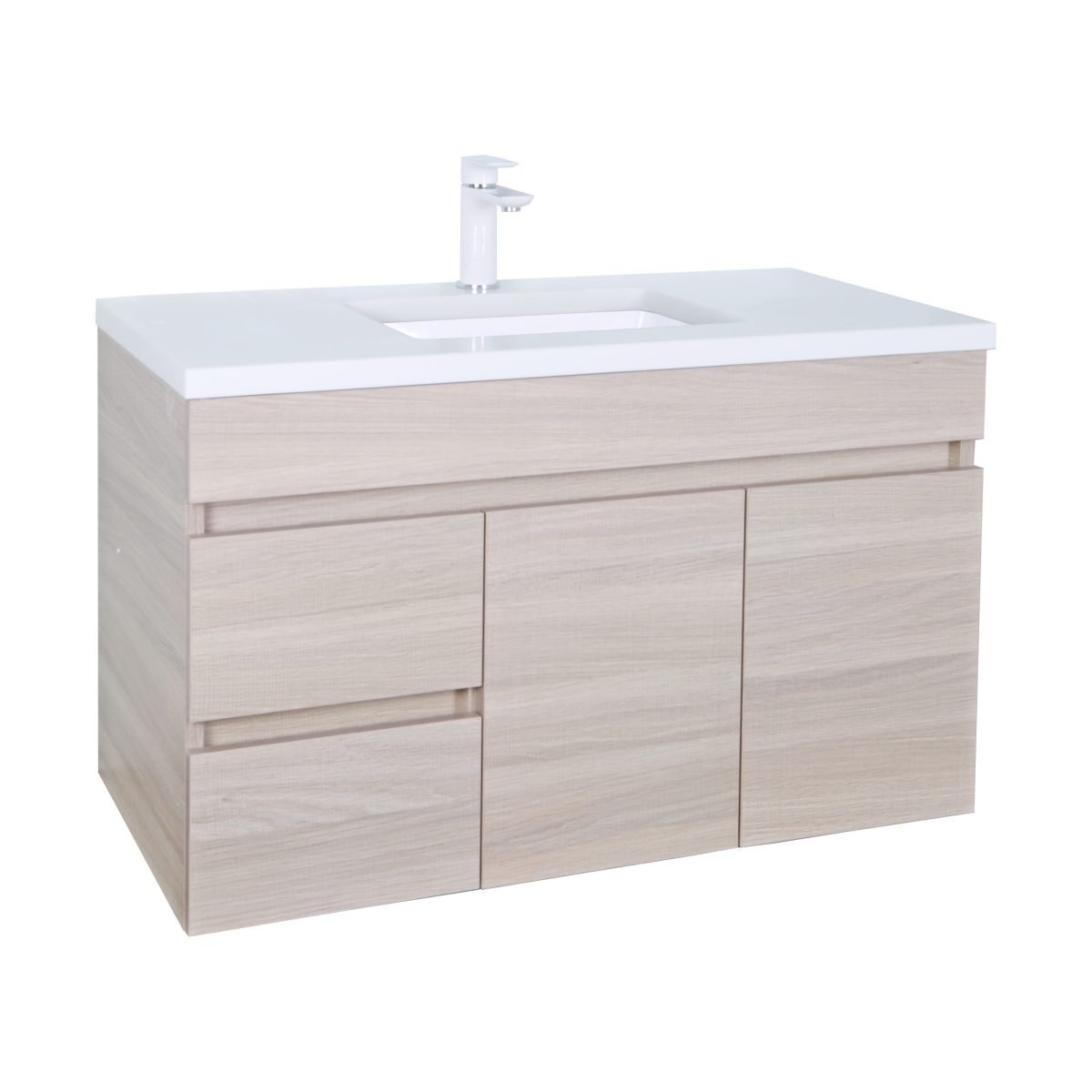 POSEIDON EV94LWH-OAK EVIE PVC WALL HUNG VANITY LEFT SIDE DRAWERS 900*555*460MM CABINET ONLY OAK