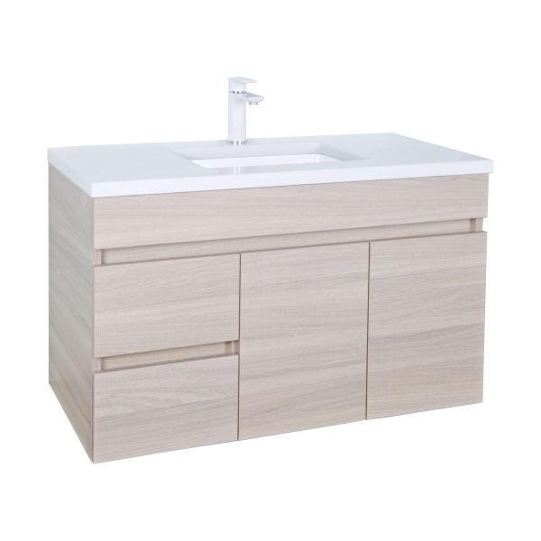 POSEIDON EV94LWH-OAK EVIE PVC WALL HUNG VANITY LEFT SIDE DRAWERS 900*555*460MM CABINET ONLY OAK