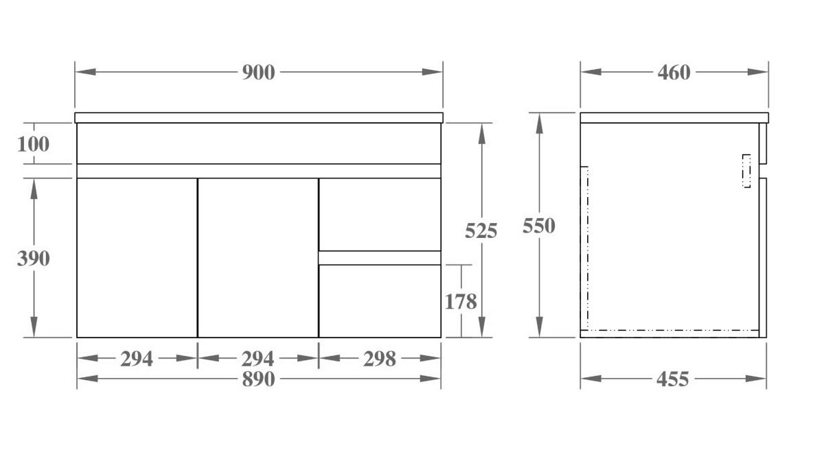 POSEIDON EV94RWH-OAK EVIE PVC WALL HUNG VANITY RIGHT SIDE DRAWERS 900*555*460MM CABINET ONLY OAK