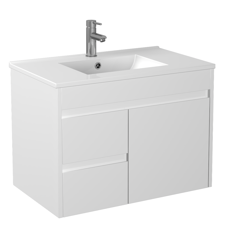 POSEIDON P74LWH STANDARD PVC WALL HUNG VANITY LEFT SIDE DRAWERS 750*460*545MM CABINET ONLY GLOSS WHITE