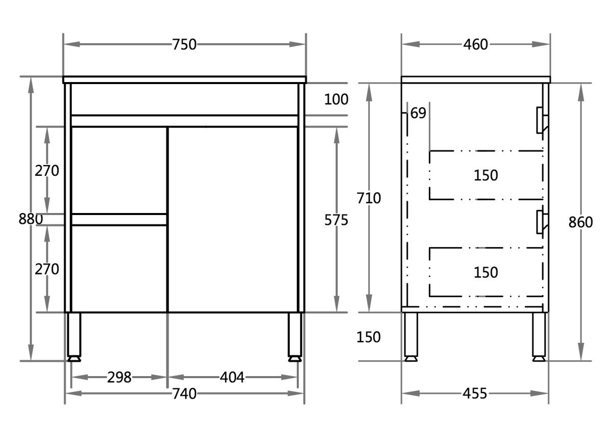 POSEIDON P74LLG STANDARD PVC FLOOR STANDING VANITY 750*460*880MM CABINET ONLY GLOSS WHITE