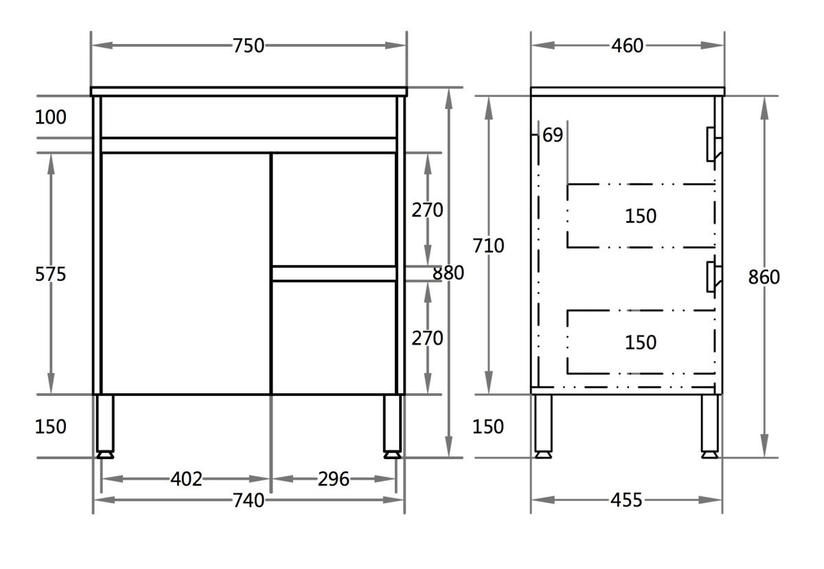 POSEIDON P74RLG STANDARD PVC FLOOR STANDING VANITY 750*460*880MM CABINET ONLY GLOSS WHITE